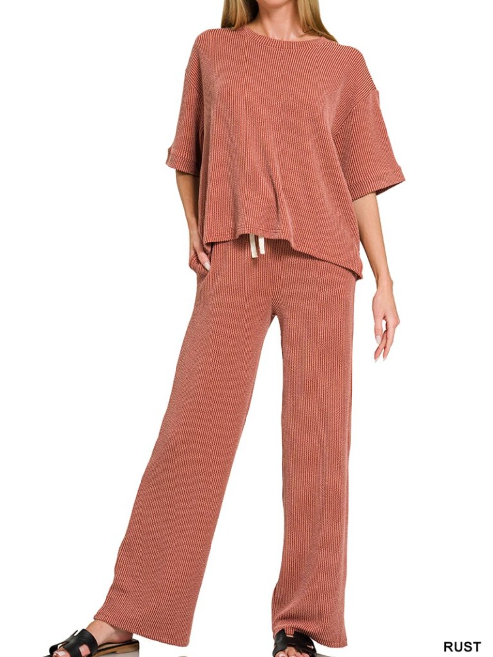 Raised Rib Short Sleeve Tee & Pants Set in Rust